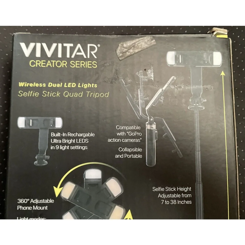 Vivitar Creator Series Wireless Dual LED Light Selfie Stick w/Quad Tripod